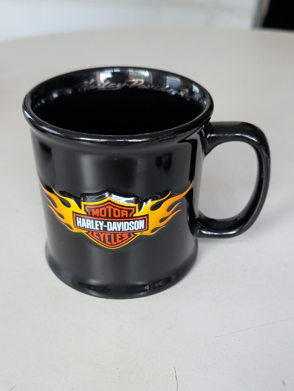 Harley-Davidson Black Ceramic Mug with Yellow-Orange Flame Logo
